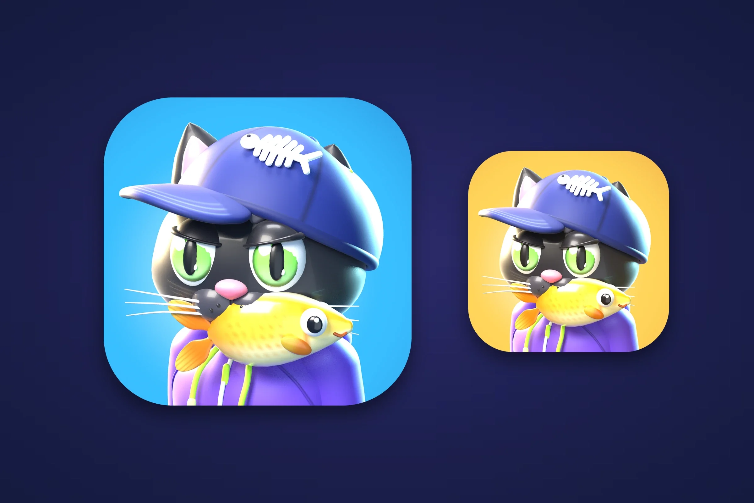 El ícono de la app de Purrsuit, Jinx con una gorra con espina de pescado y un pez dorado en la boca sobre azul, junto a una versión dorada