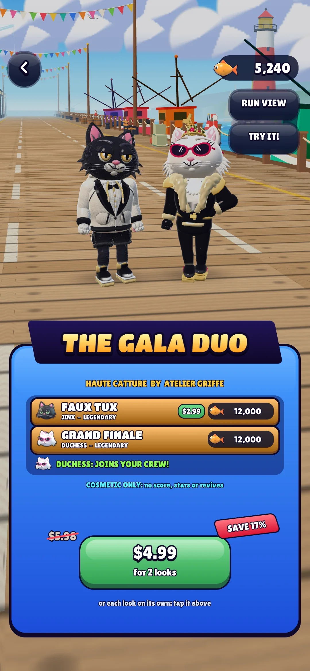 El paquete The Gala Duo: Jinx con Faux Tux y Duchess con Grand Finale uno al lado del otro, con el precio de cada uno y el del paquete