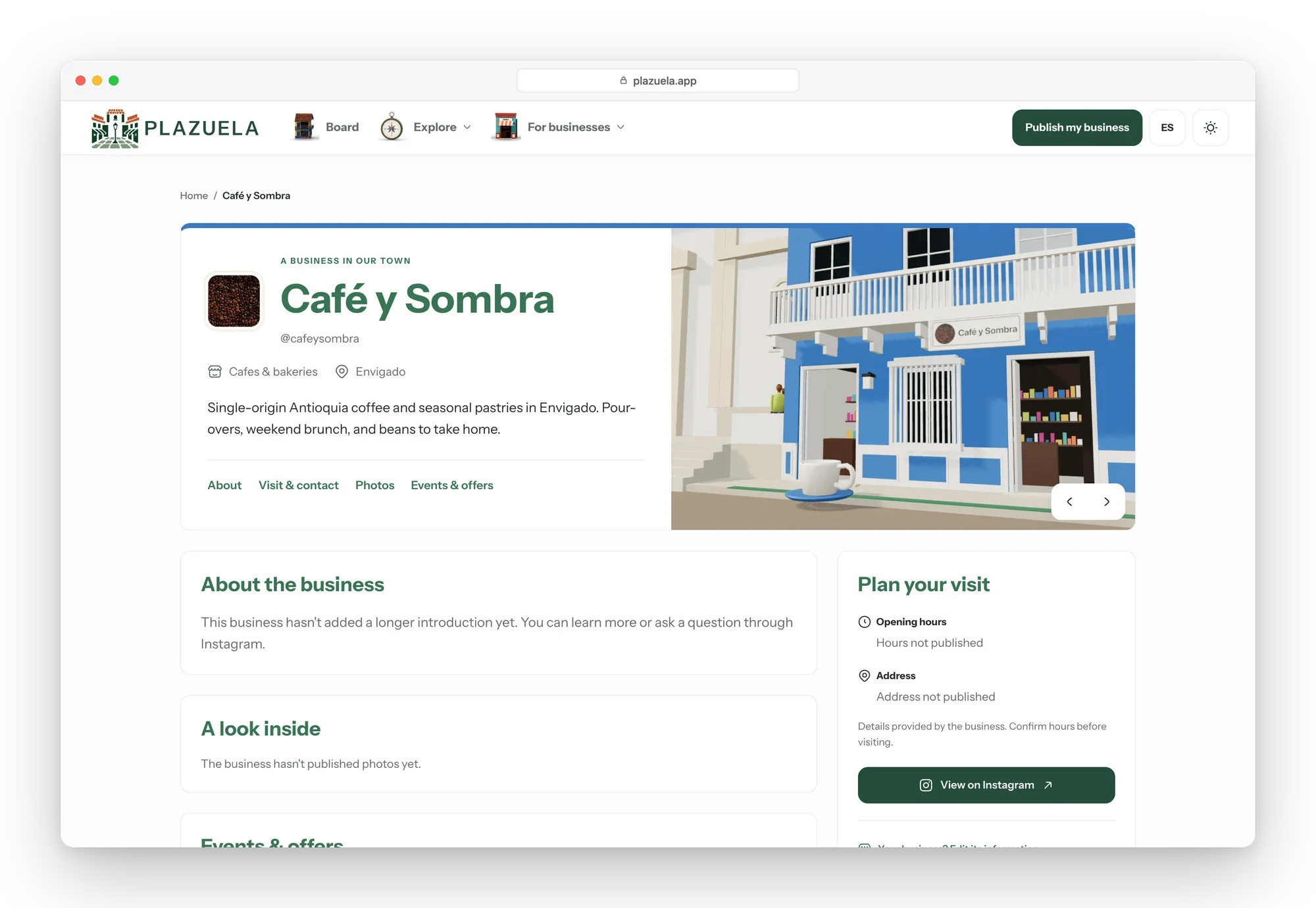 Plazuela page for a café: its name, category, city and description, a 3D view of its storefront and a card to plan a visit