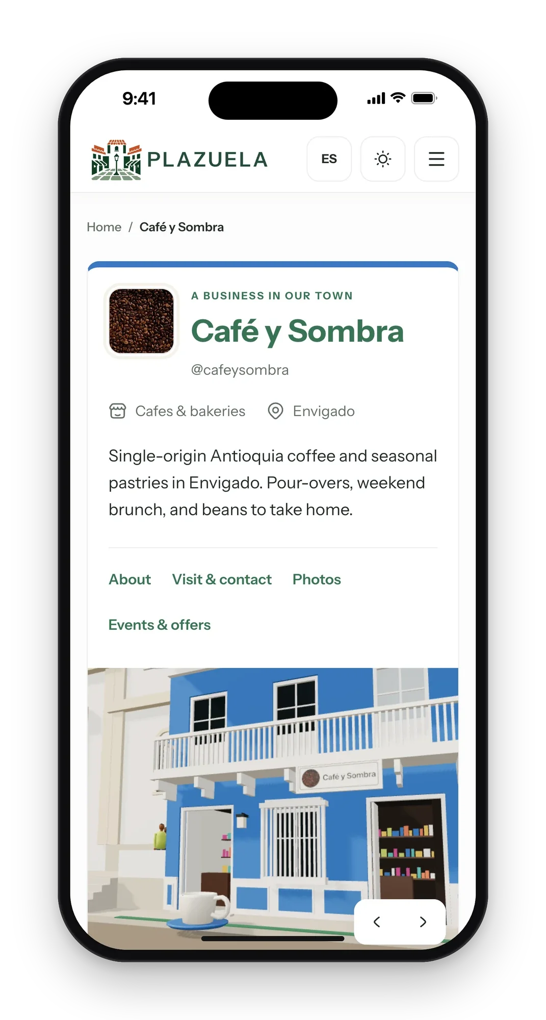 A café's Plazuela page on a phone with its description and a 3D view of its storefront