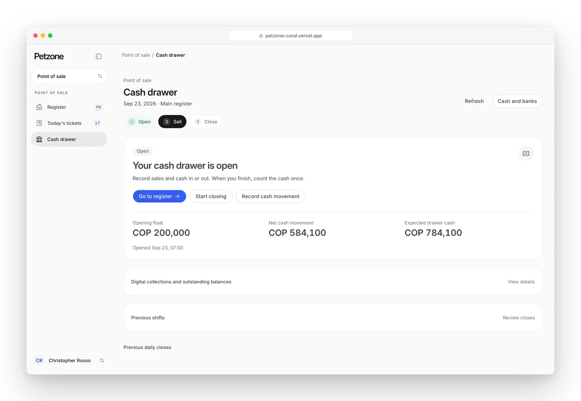 Petzone cash drawer, open, with the opening float, net cash movement and the cash expected in the drawer
