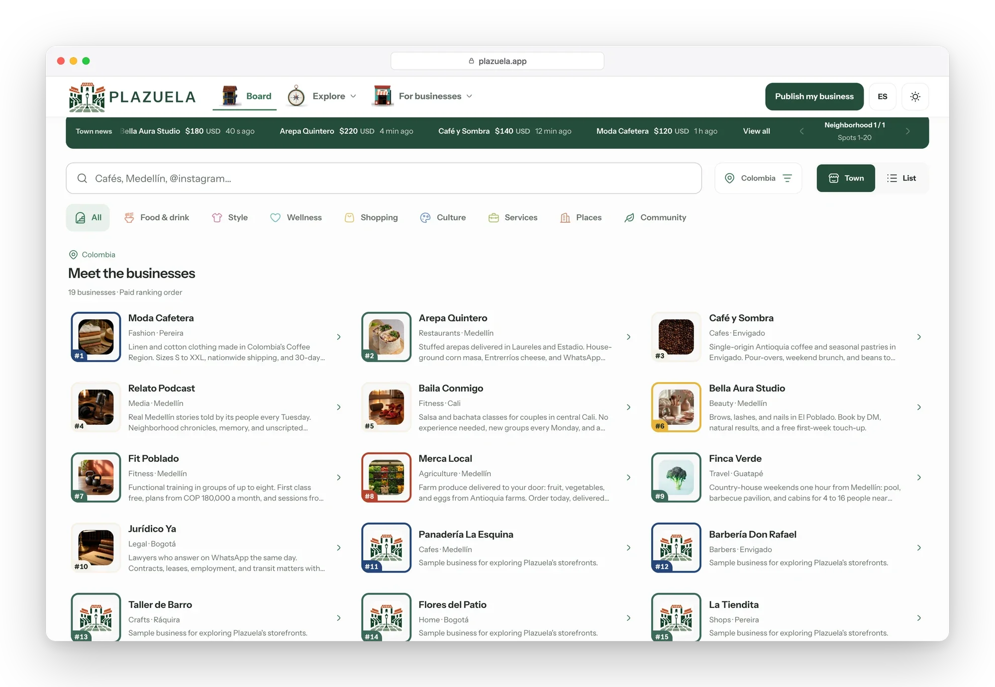 Plazuela directory below the town: a news bar of recent payments, a search box, category filters and a card for each business with its rank