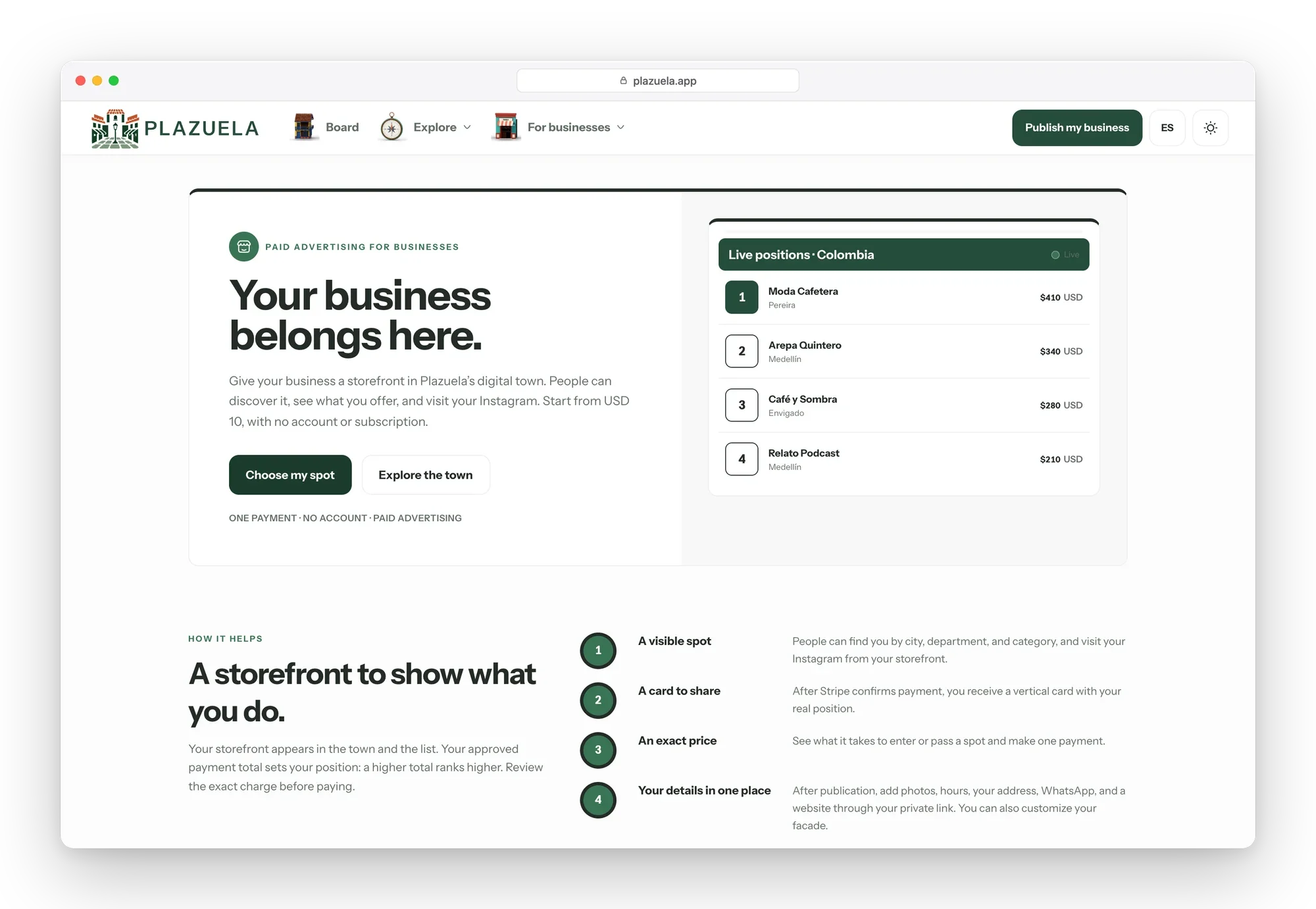 Plazuela page for businesses: a headline, the offer from USD 10 with no account or subscription, and live positions in Colombia
