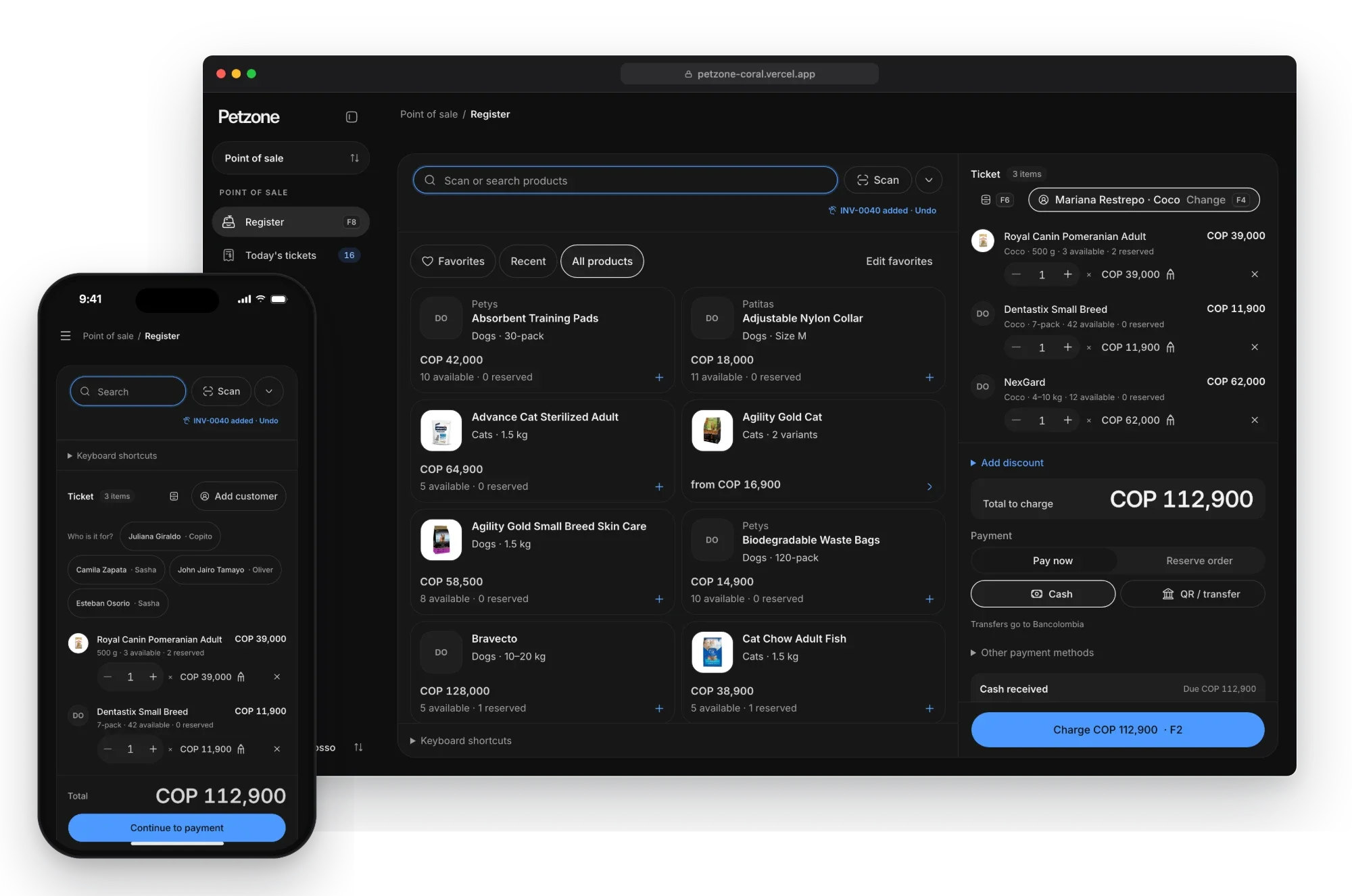 Petzone register with a ticket, on a desktop browser and on a phone, in the dark theme