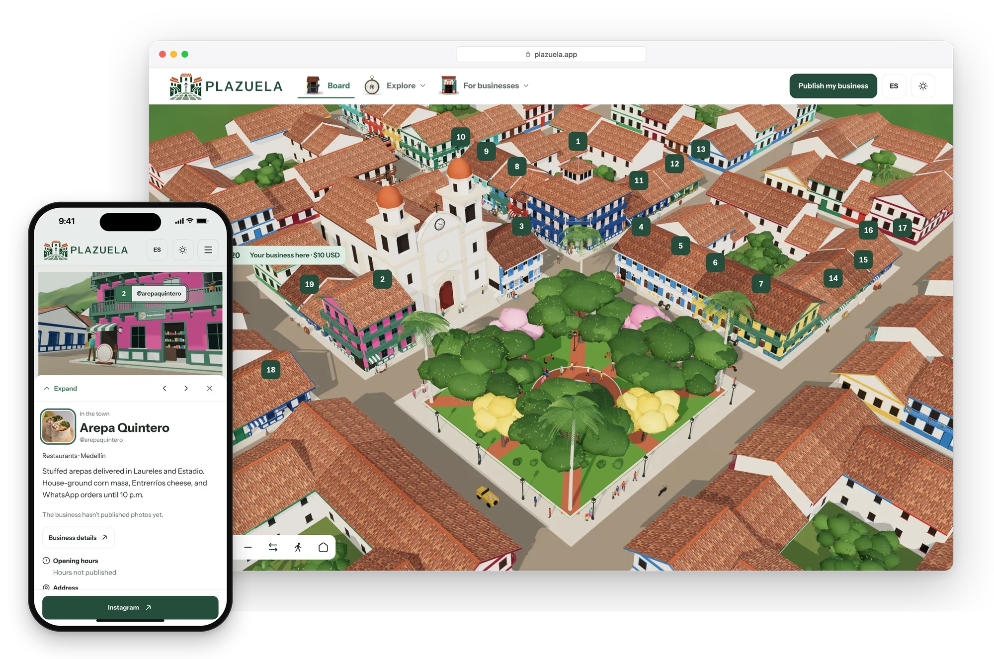 Plazuela's 3D town in a desktop browser, with a phone showing a storefront visit