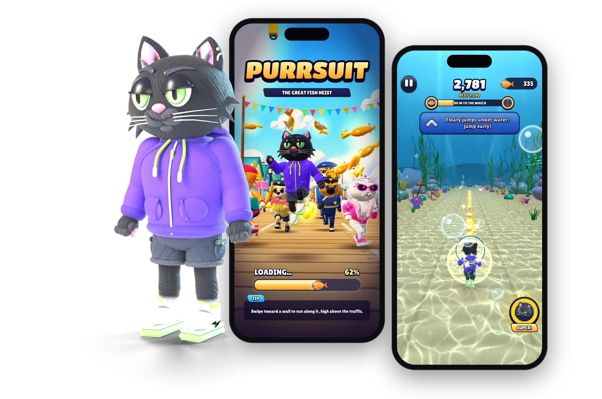 Jinx, el gato protagonista de Purrsuit, renderizado en 3D junto a dos iPhone: la pantalla de carga del juego y una carrera por el fondo del mar