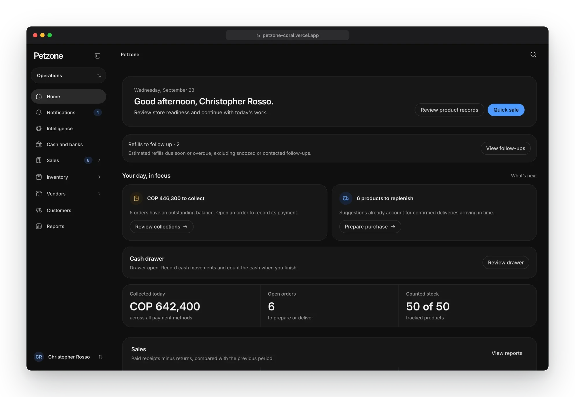 Petzone home in the dark theme: refills to follow up, money to collect, products to replenish, the cash drawer and today's totals