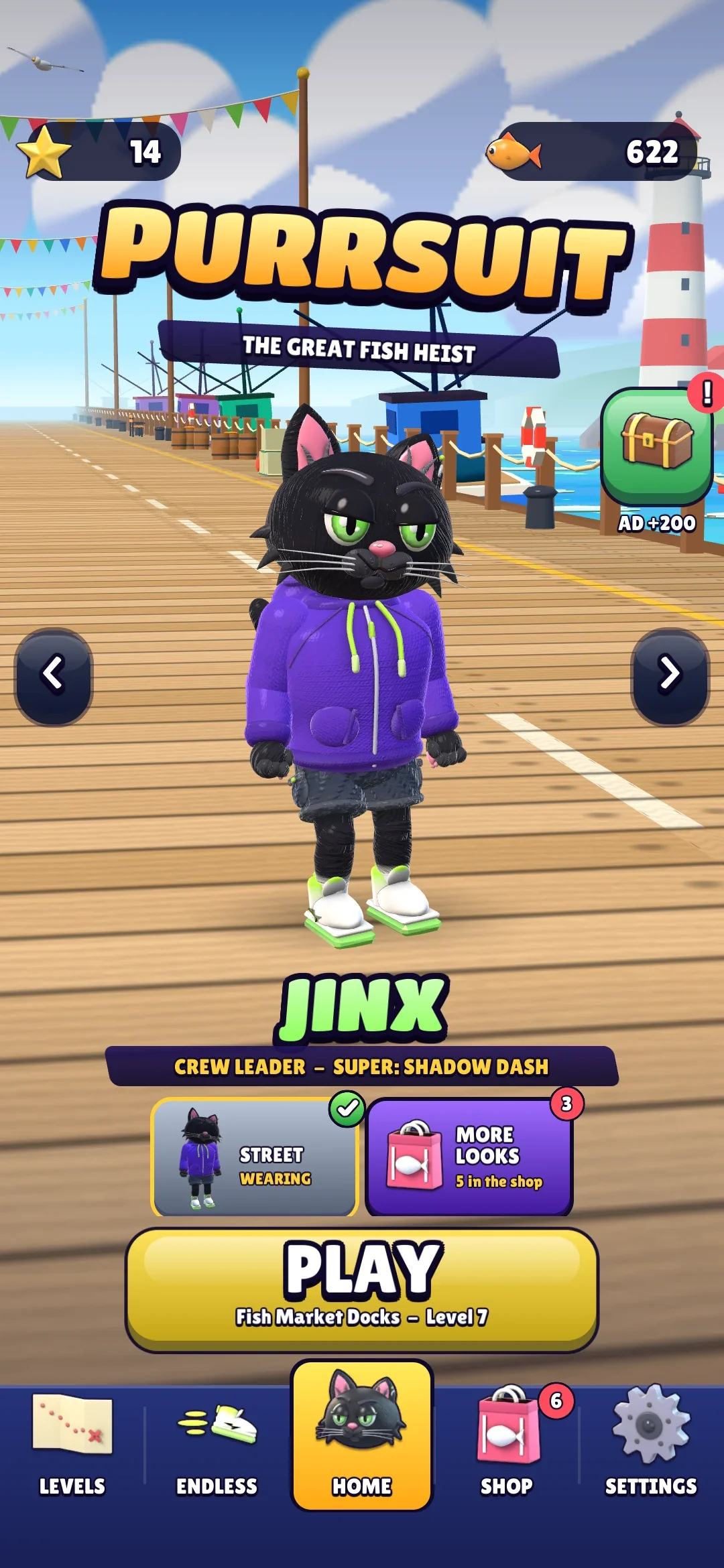 La pantalla de inicio: Jinx en el muelle bajo el logo, su nombre y su súper, sus looks, un gran botón PLAY y la barra de pestañas