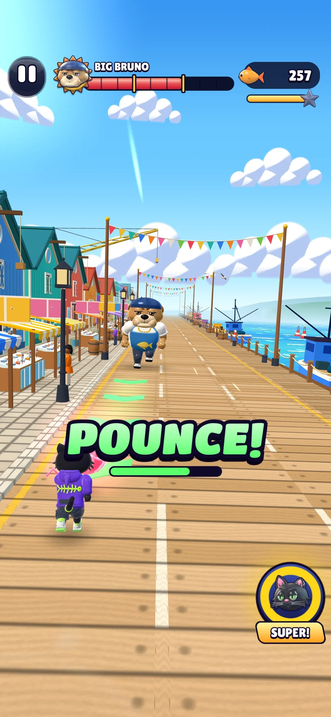 Big Bruno, el jefe de los muelles, embistiendo por un carril mientras un aviso de POUNCE! dice cómo responder, con su barra de vida arriba