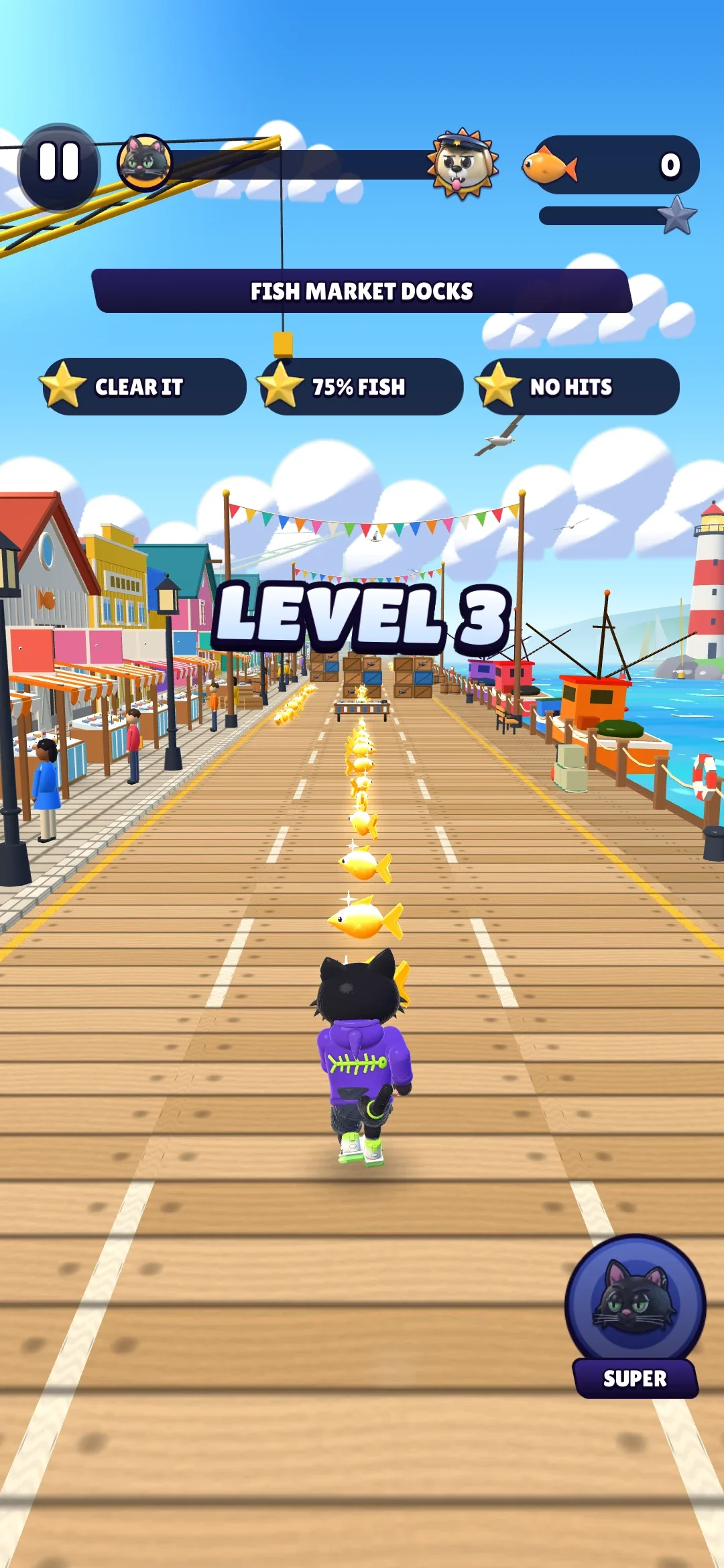 El nivel 3 de Purrsuit empezando en los muelles del mercado de pescado, con el nombre del distrito y las tres metas de estrellas sobre el muelle