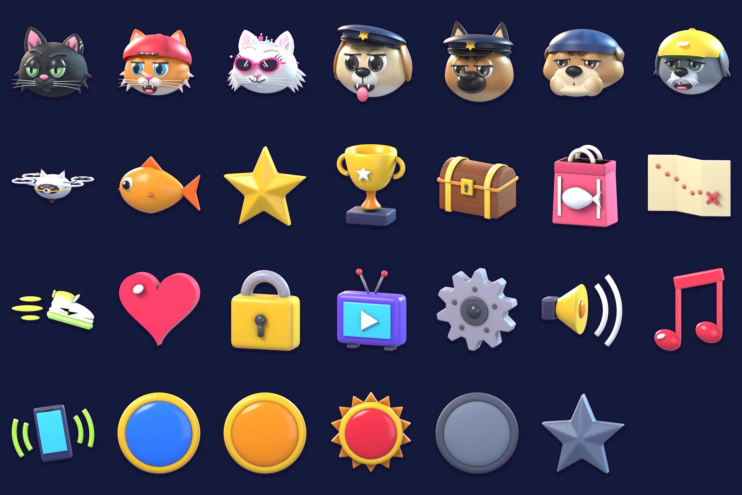 Los íconos 3D de los menús del juego: los tres héroes, los cinco jefes de la brigada canina, un pez, una estrella, un trofeo, un cofre, una bolsa de compras, un mapa, un corazón, un candado, un televisor para los anuncios, un engranaje, sonido, música, vibración y los medallones de los niveles
