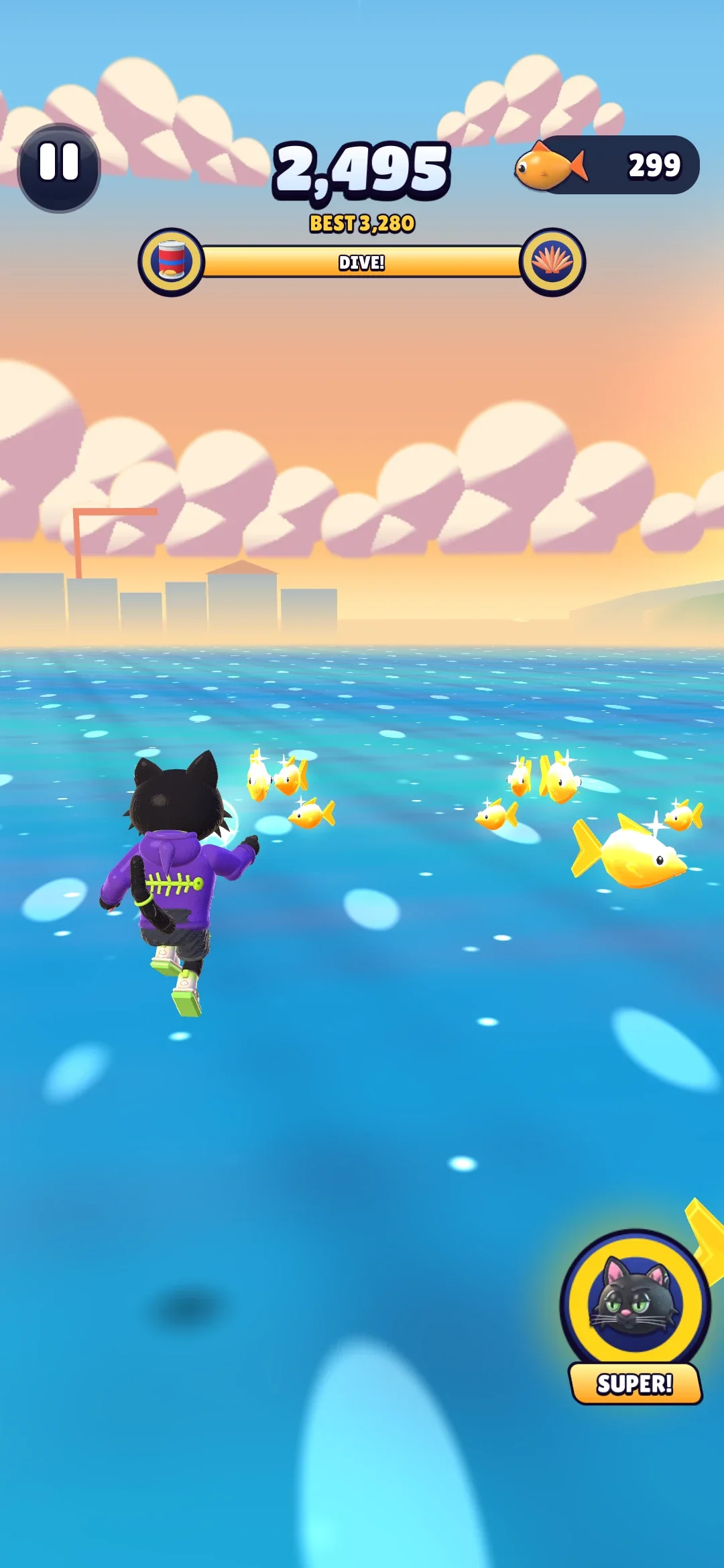 Jinx saltando desde la punta del muelle hacia el mar, con peces en arco delante de él