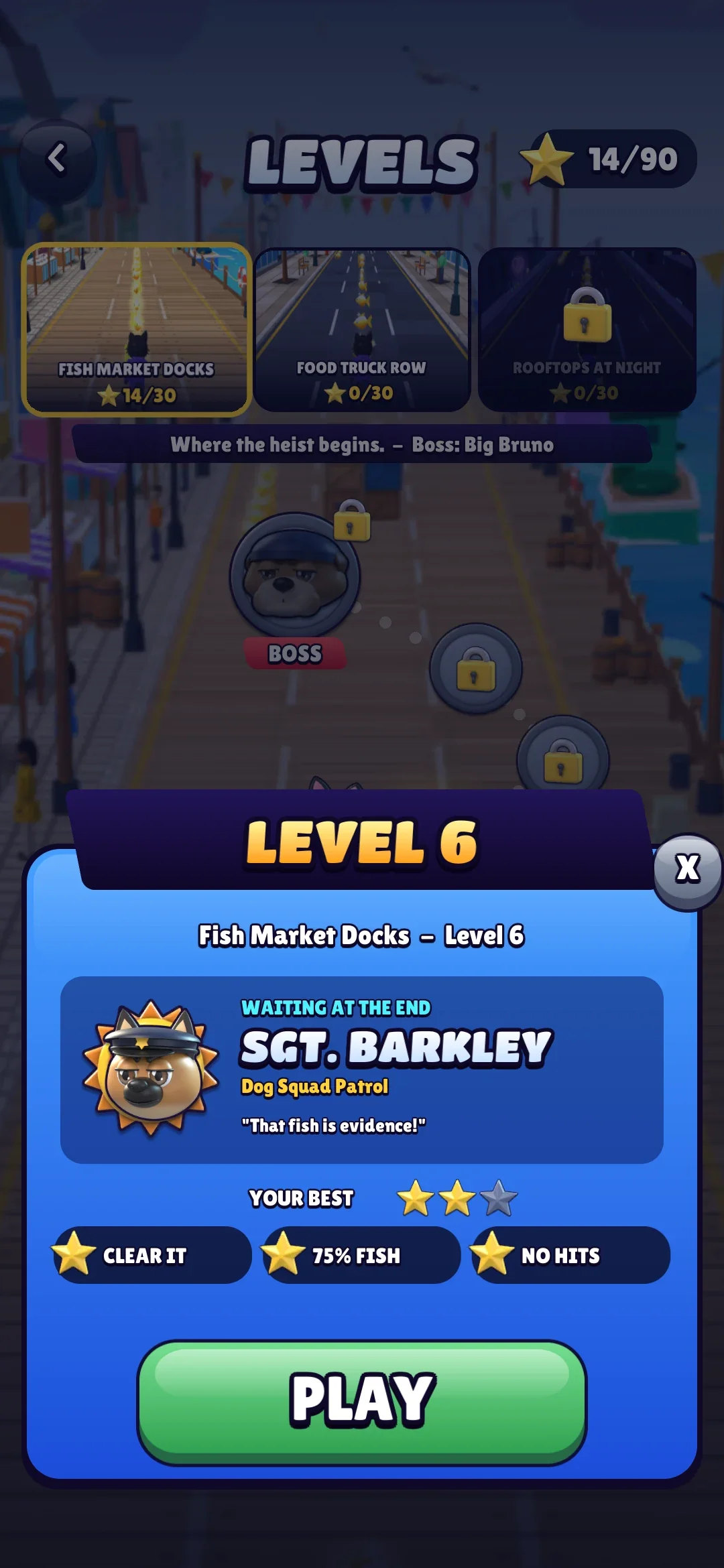 La tarjeta del nivel 6: el Sgt. Barkley esperando al final con su provocación, las mejores estrellas hasta ahora, las tres metas y un botón PLAY