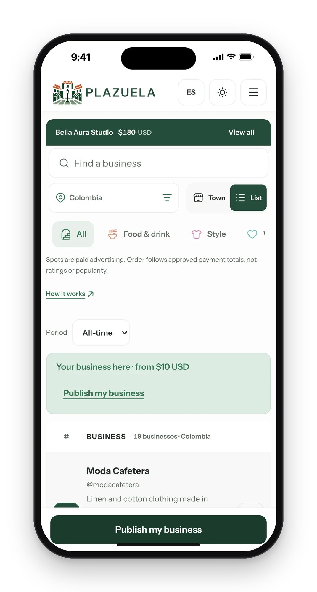 Plazuela list view on a phone with search, filters and the open spot offer above the ranking