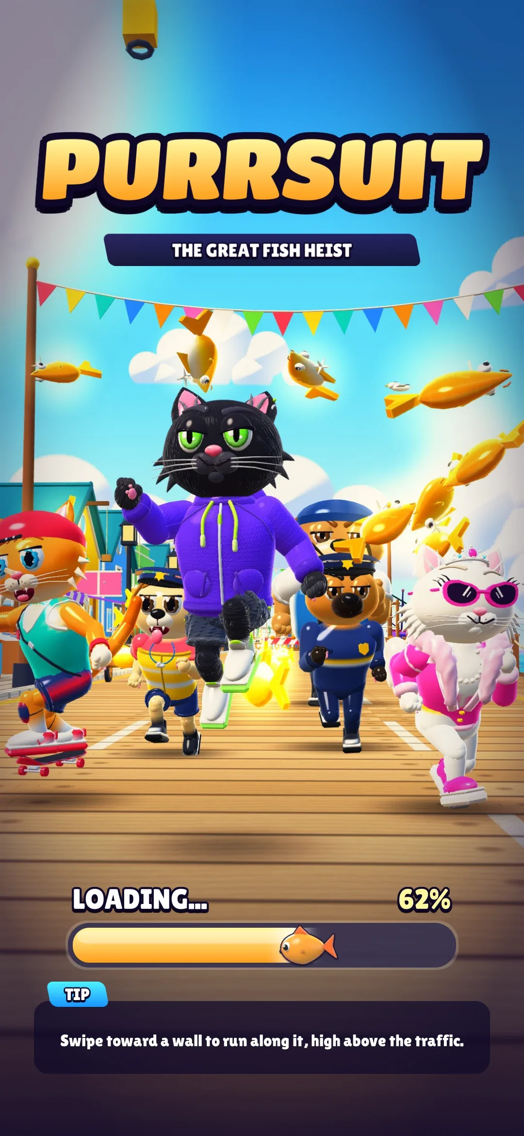 La pantalla de carga: el logo de Purrsuit sobre una ilustración del equipo huyendo de la brigada canina, con una barra de carga dorada y un consejo