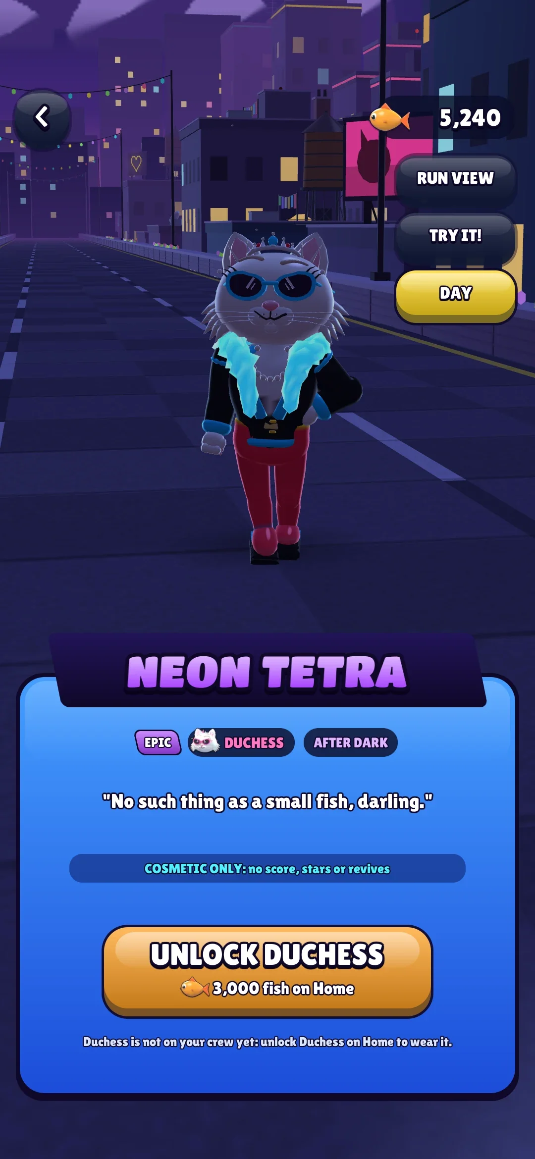 Duchess probándose Neon Tetra, con una boa que brilla, en los tejados de noche