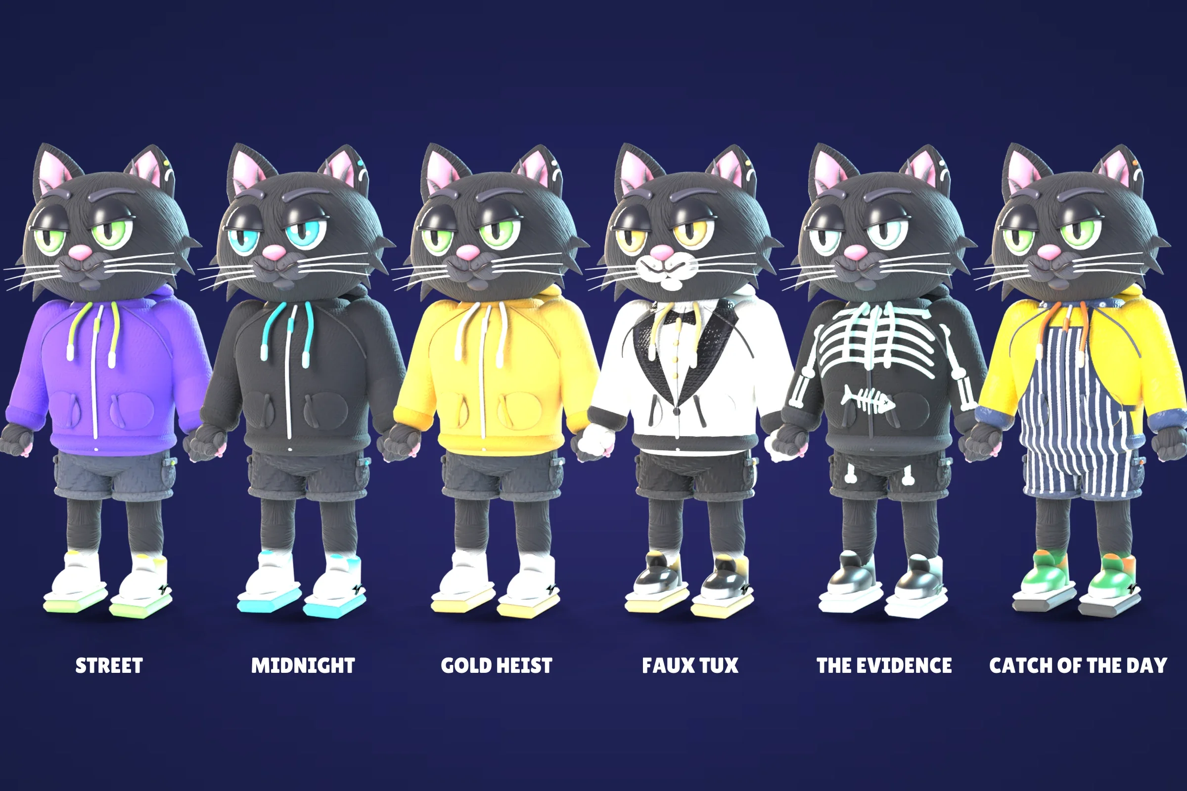 Jinx con sus seis looks uno al lado del otro: Street, Midnight, Gold Heist, Faux Tux, The Evidence y Catch of the Day