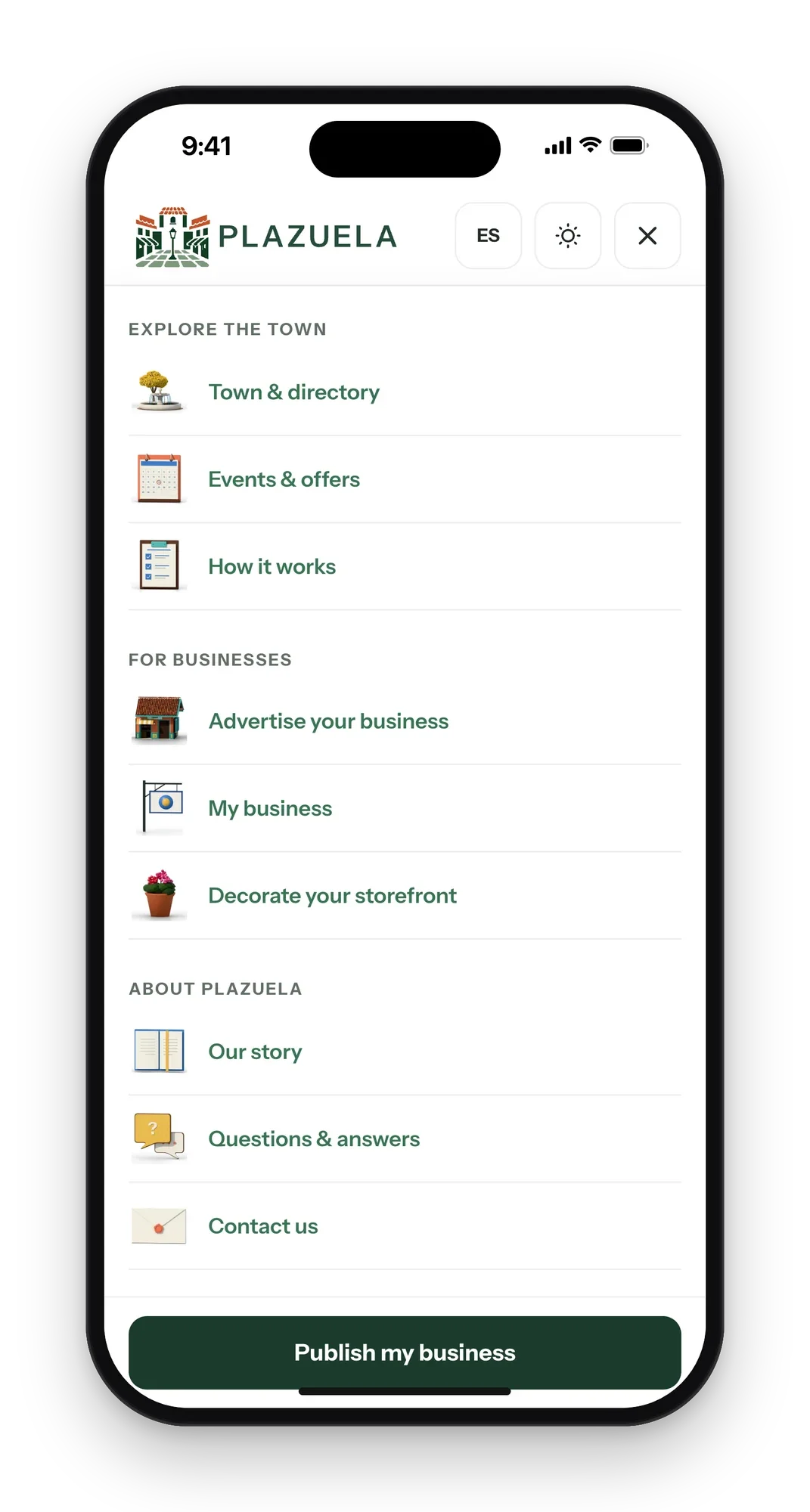 Plazuela menu on a phone with links to the town, events, how it works, advertising, the business page, the storefront shop and contact