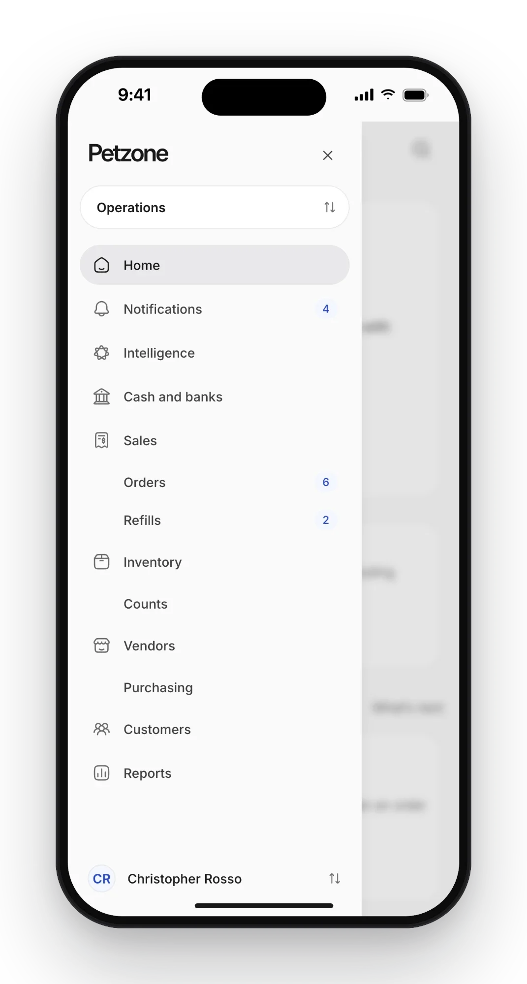 Petzone menu on a phone: home, notifications, cash and banks, sales, inventory, vendors, customers and reports, with counts for orders and refills