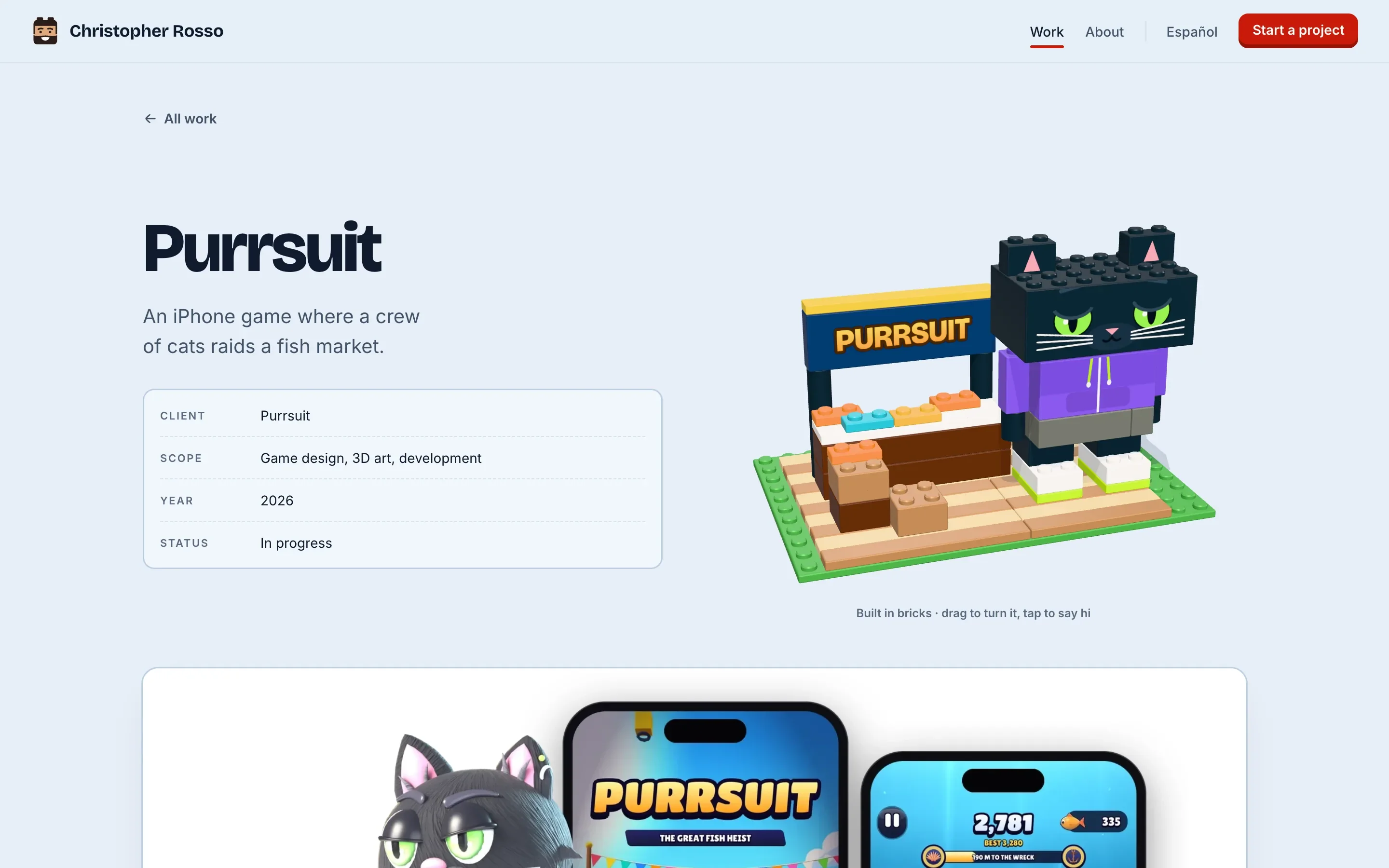 El caso de estudio de Purrsuit abriendo con el puesto de pescado y Jinx hechos en piezas junto a los datos del proyecto