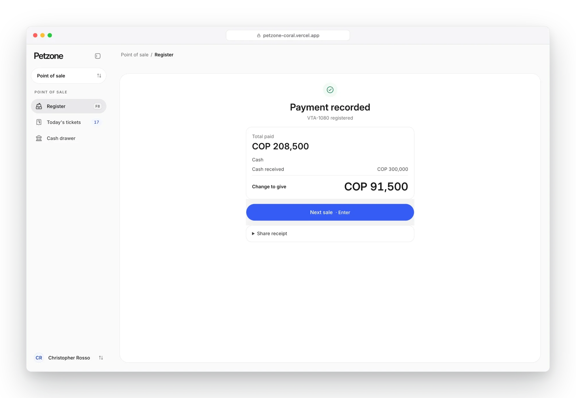 Petzone payment confirmation with the total paid in cash, the cash received and the change to give