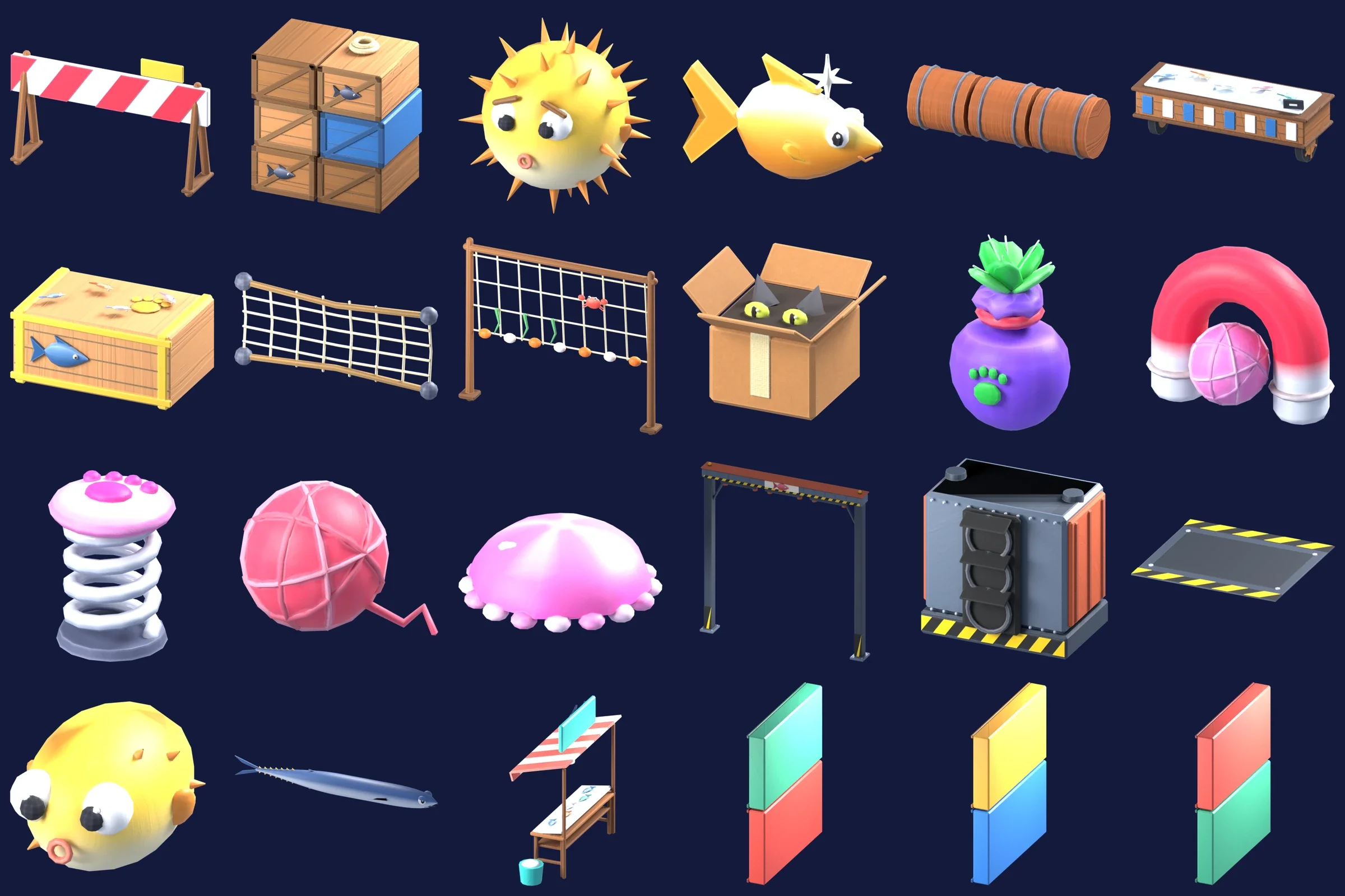 Veinticuatro objetos pintados de la carrera, entre ellos una barrera, cajas, un pez globo, un pez dorado, redes, una caja de cartón con un gato adentro, potenciadores, una medusa, una prensa de latas y un atún