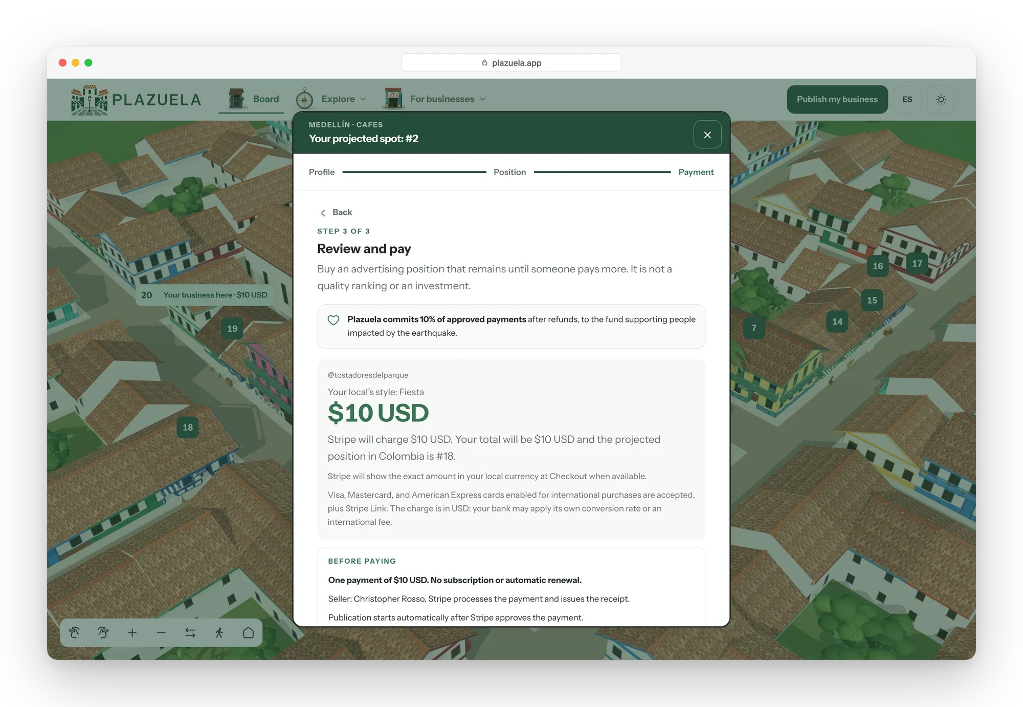 Publish dialog, payment review: the handle, the chosen style, the charge in USD, what the payment is and is not, and who processes it