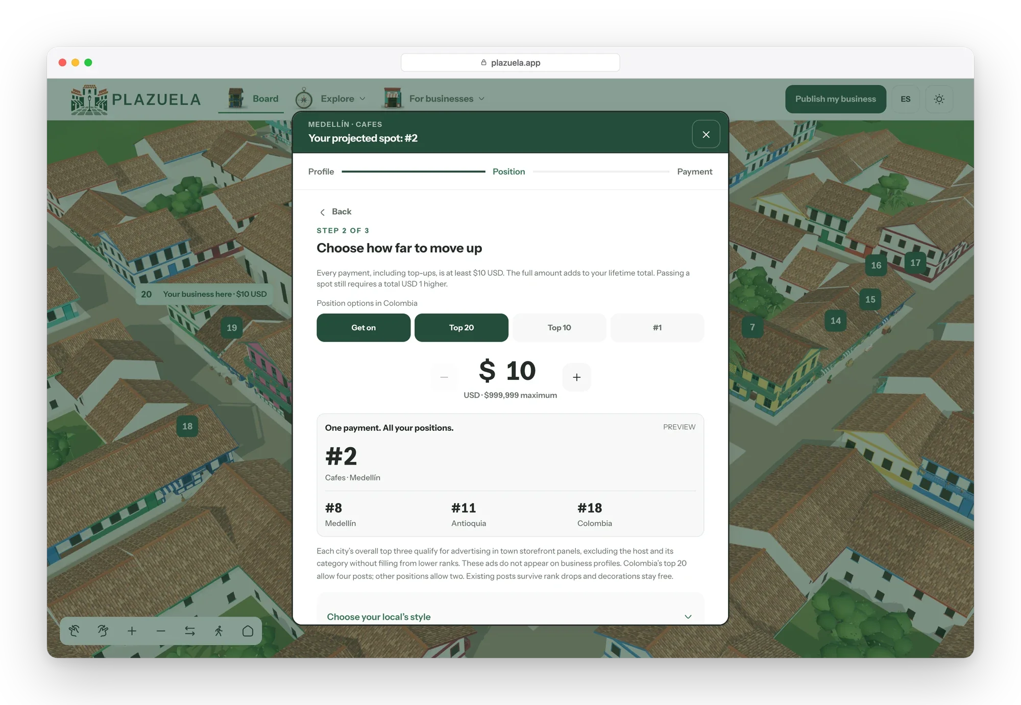 Publish dialog, position step: quick options, the amount in USD and the projected rank by category, city, department and country