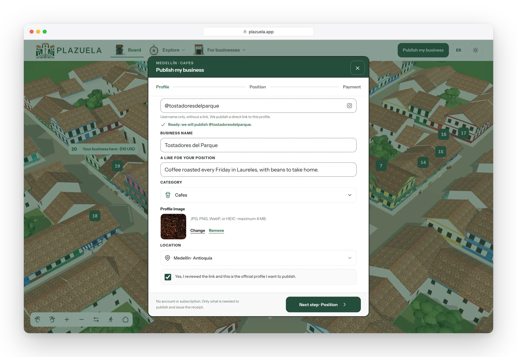 Publish dialog, profile step, filled in for a sample café with its Instagram handle, name, one-line description, category, photo and city