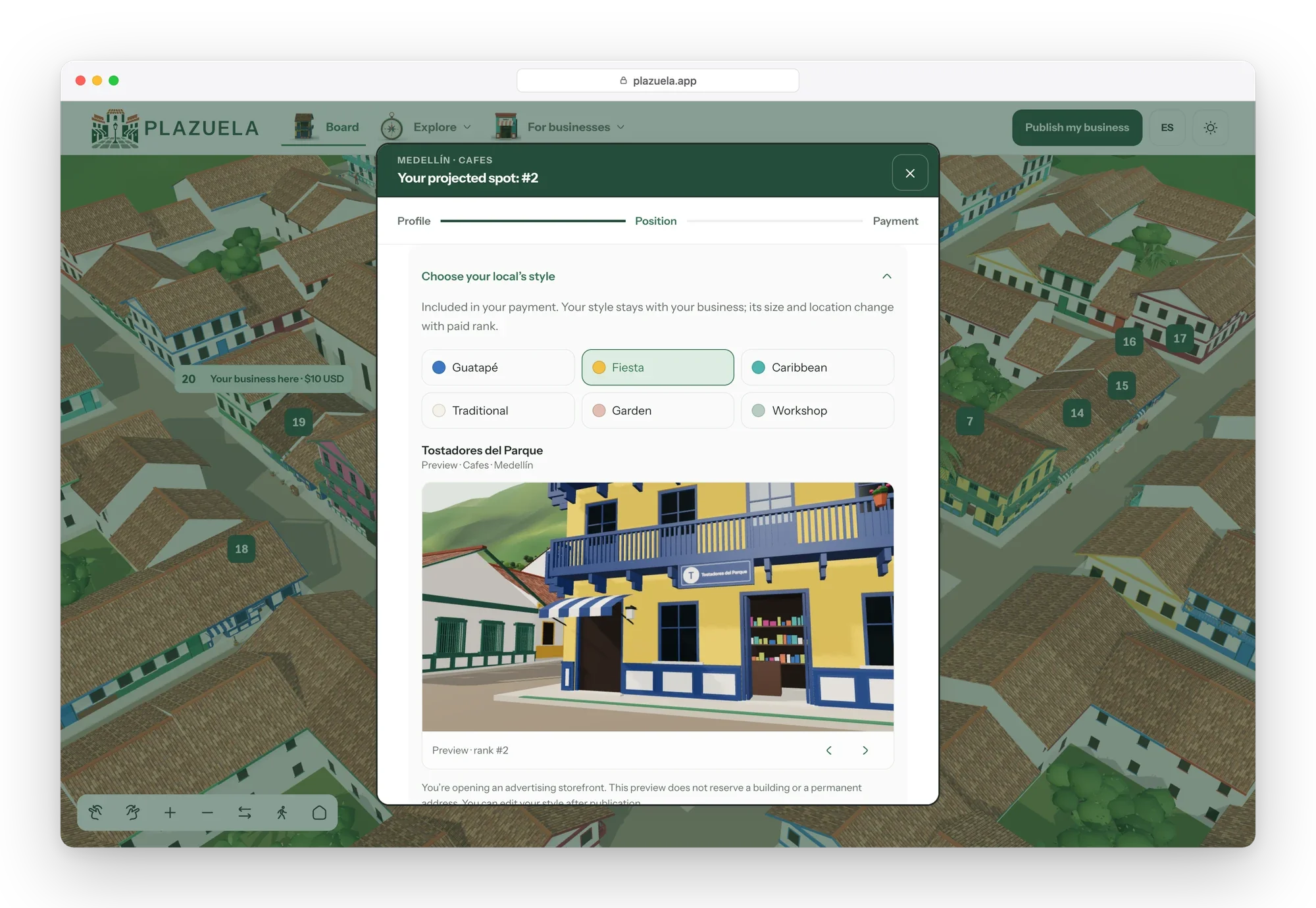 Publish dialog with six storefront styles and a 3D preview of the chosen facade