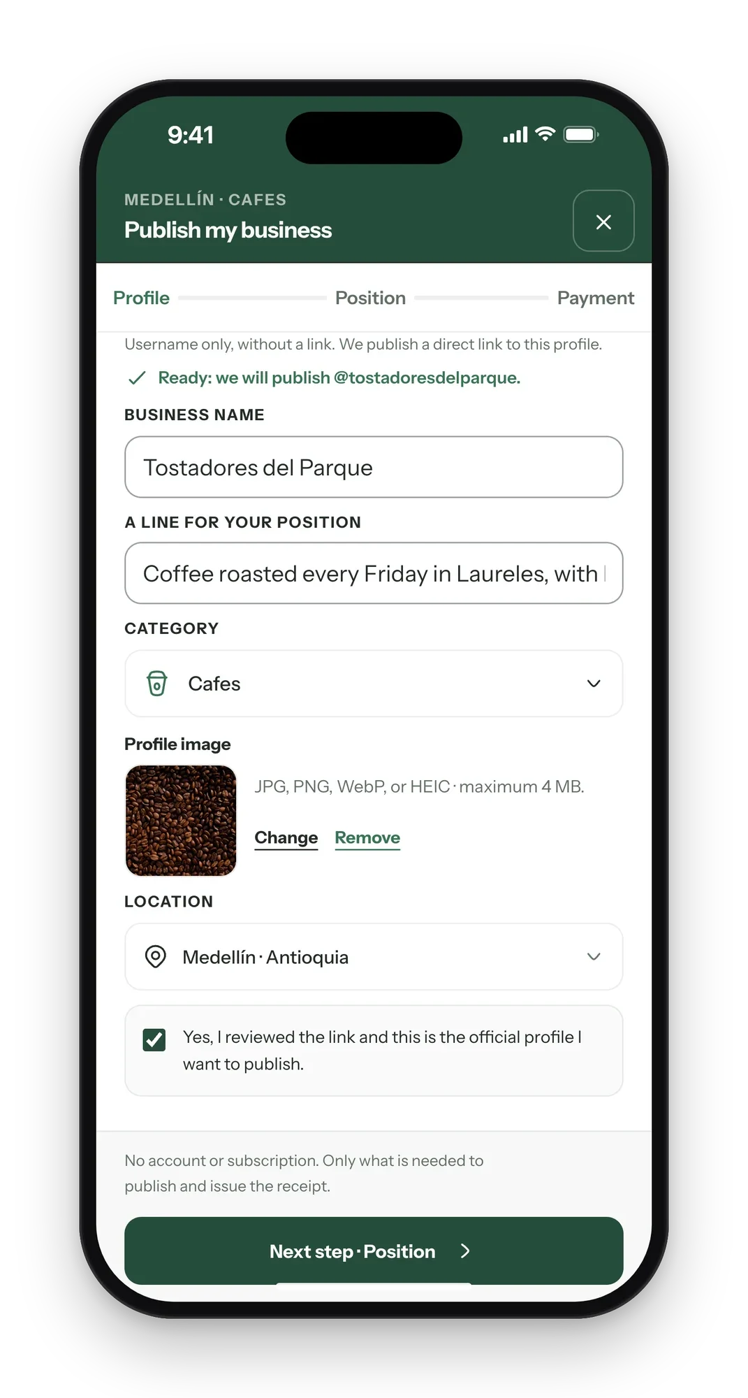 The publish form on a phone, filled in for a sample café