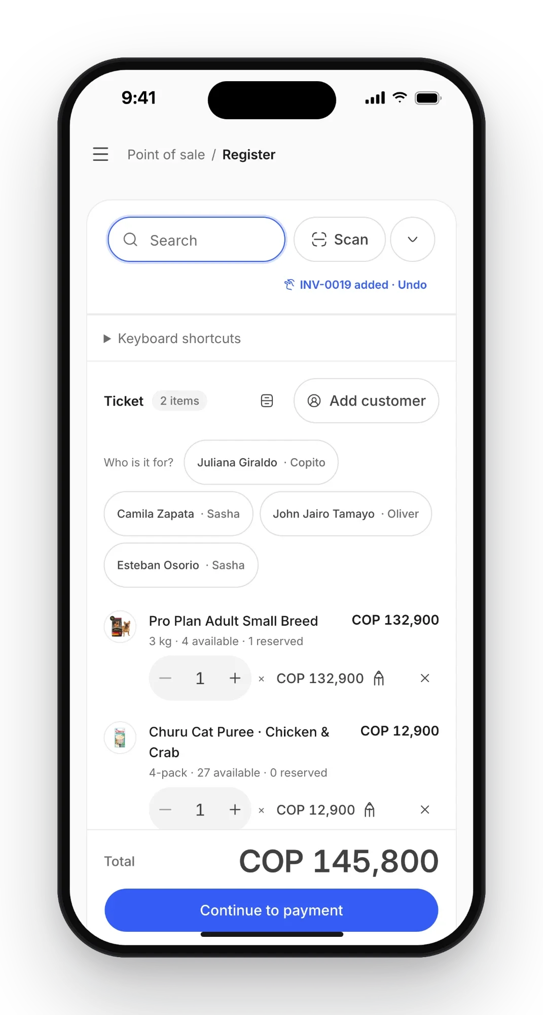 Petzone register on a phone: search and scan, suggested customers with their pets, a two-item ticket and the total above a button to continue to payment