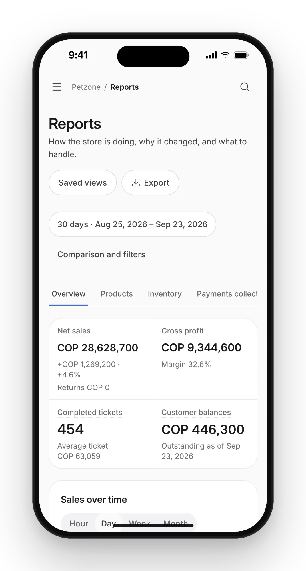 Petzone reports on a phone: a 30-day range with net sales, gross profit, completed tickets and customer balances