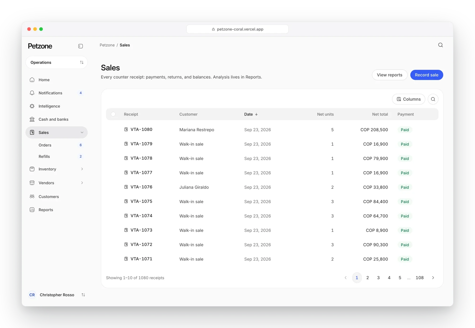Petzone sales: a table of counter receipts with customer, date, net units, net total and payment status