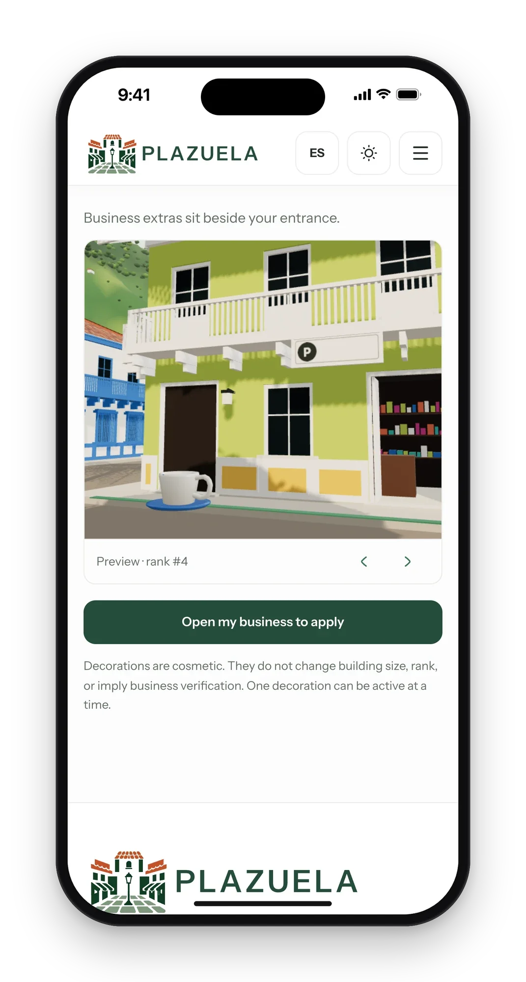 A storefront with a coffee cup decoration previewed in 3D on a phone