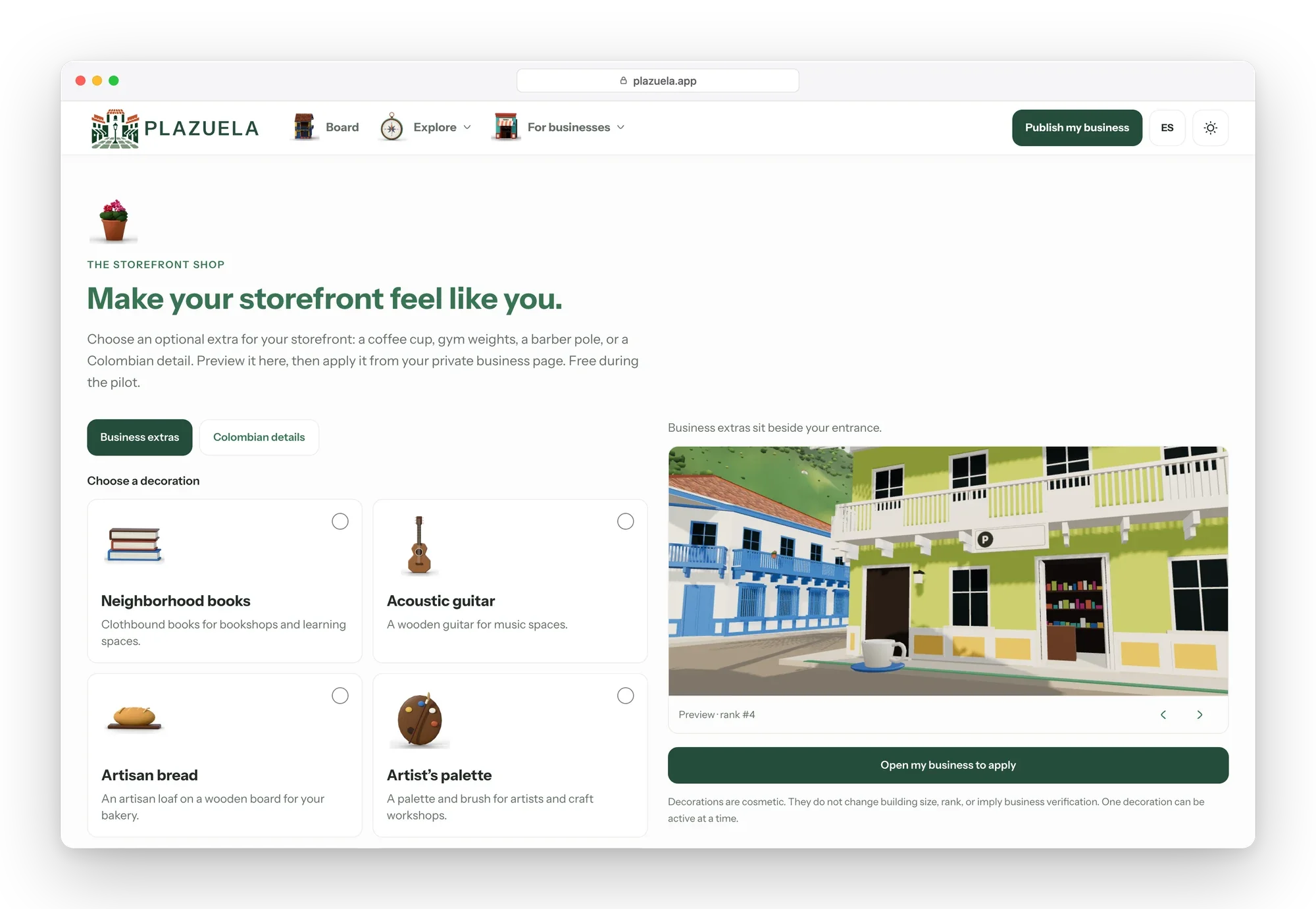 Plazuela storefront shop with decoration cards and a 3D preview of a storefront with a coffee cup by the door