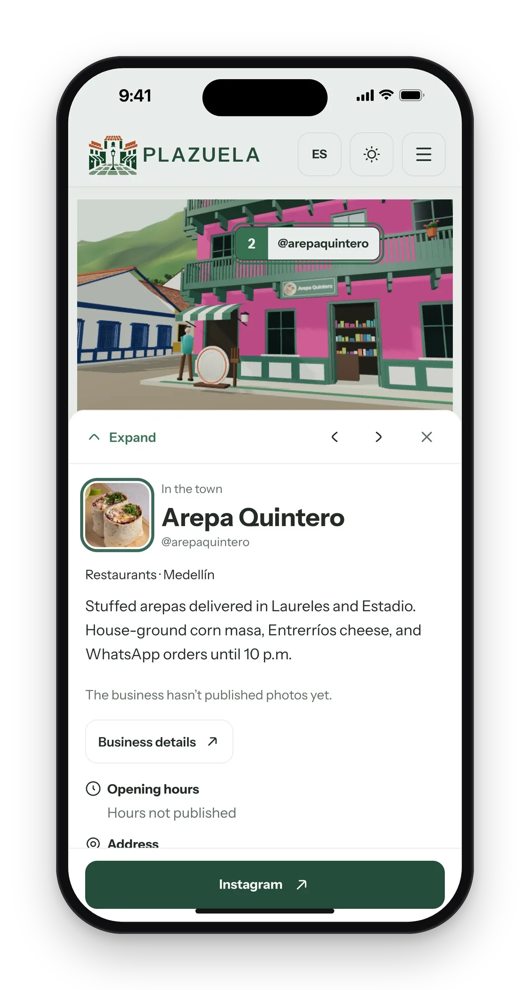 A restaurant storefront on a phone, with its details in a sheet below