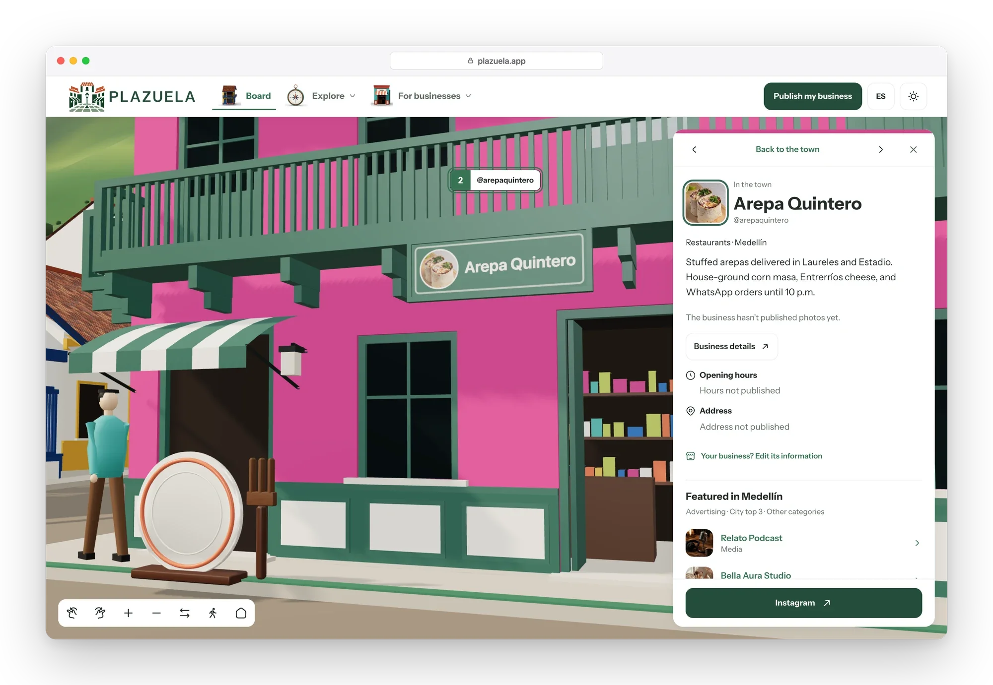 Street-level view of a pink restaurant storefront with its sign, and a side panel with the business's description, hours, address and Instagram link