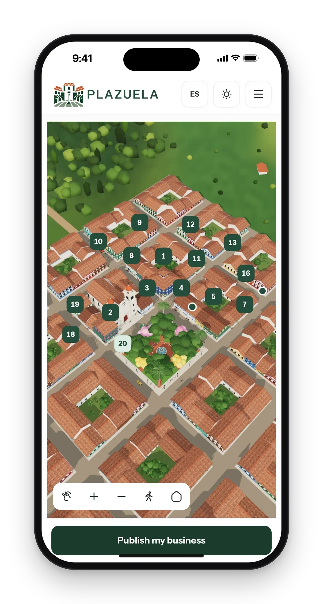 Plazuela town on a phone with numbered buildings, map controls and a publish button at the bottom