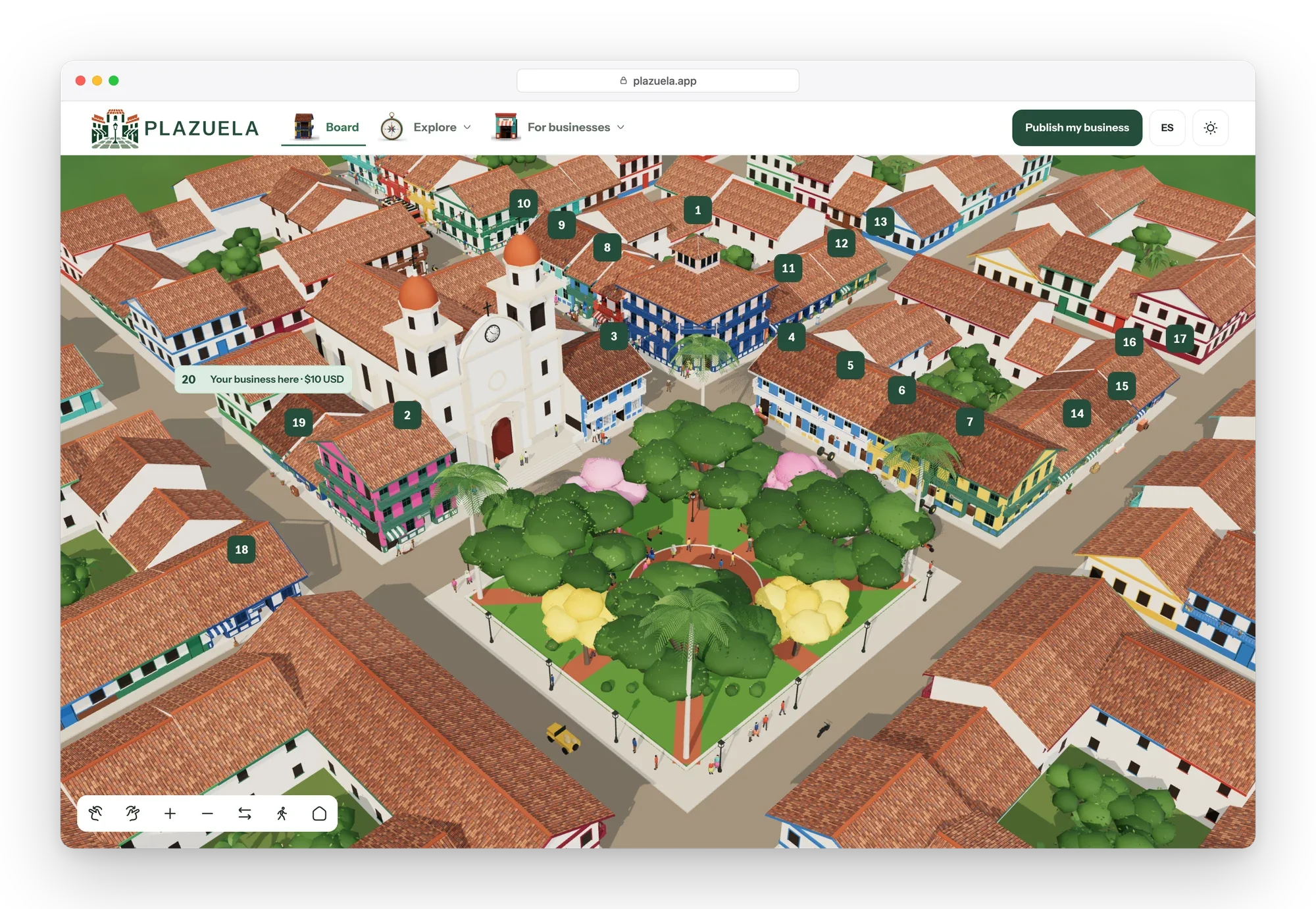 Plazuela 3D town around a plaza with a church, numbered markers on the buildings and an open spot offered from $10 USD