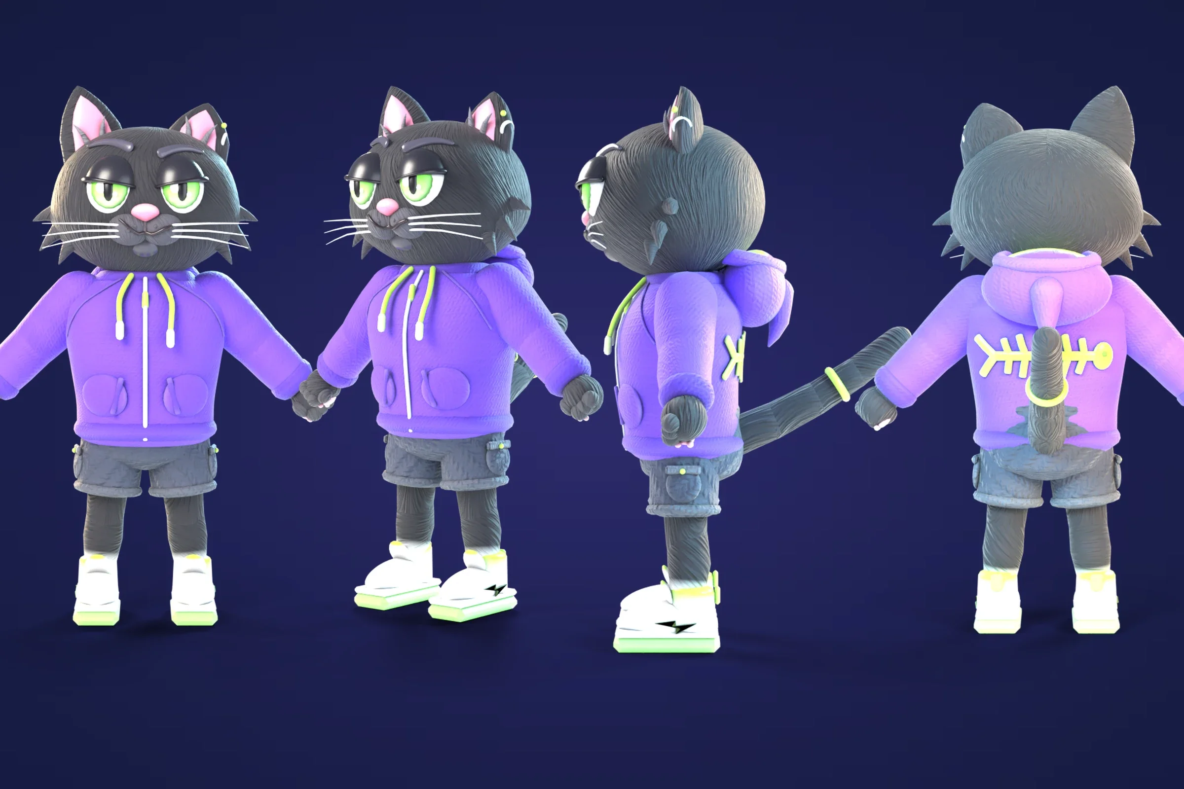 Jinx de frente, de tres cuartos, de perfil y de espalda, con su buzo morado, pantalones cortos y tenis