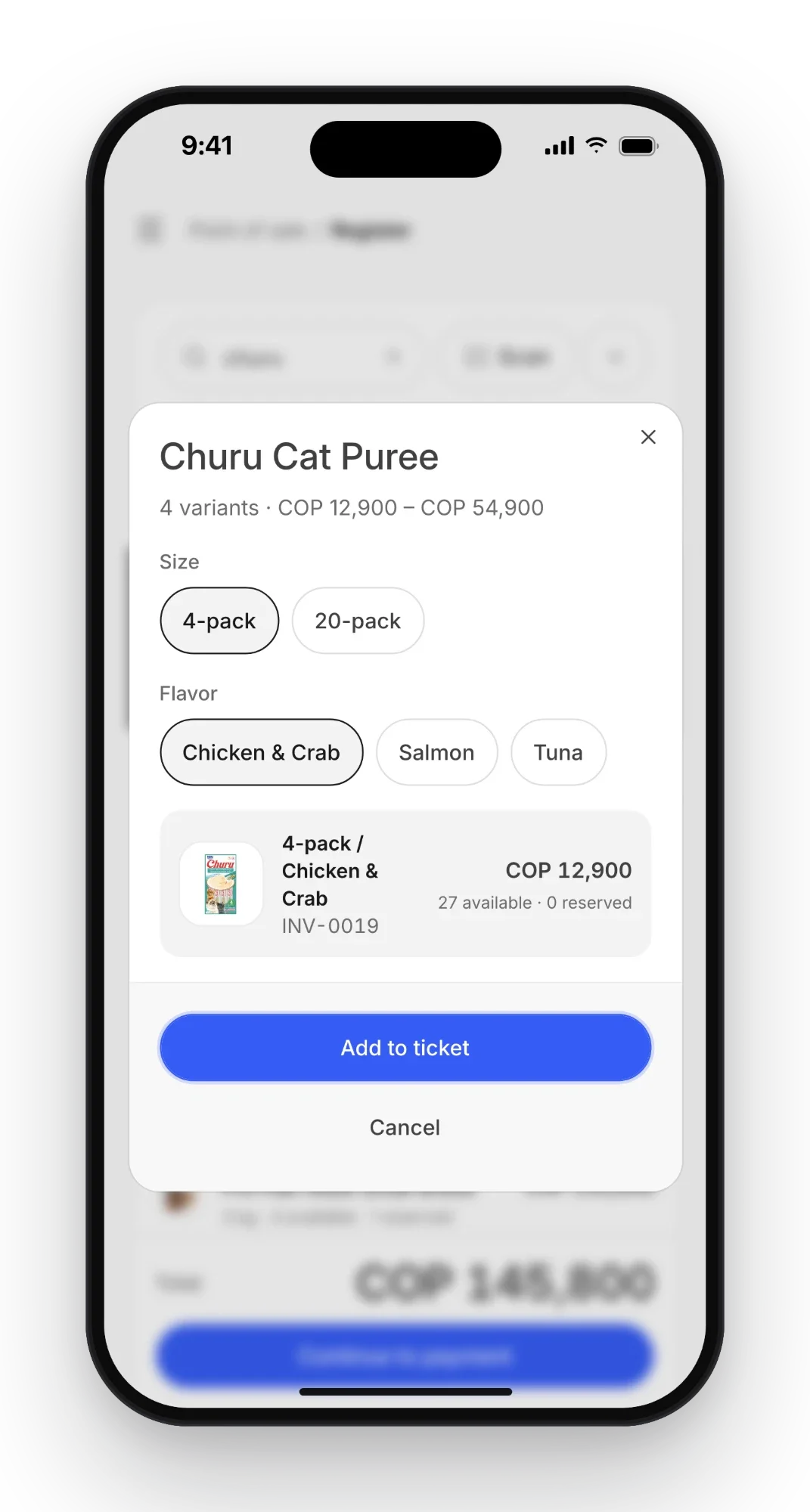 Petzone variant picker on a phone for Churu Cat Puree: size and flavor options, the chosen variant's price and stock, and a button to add it to the ticket