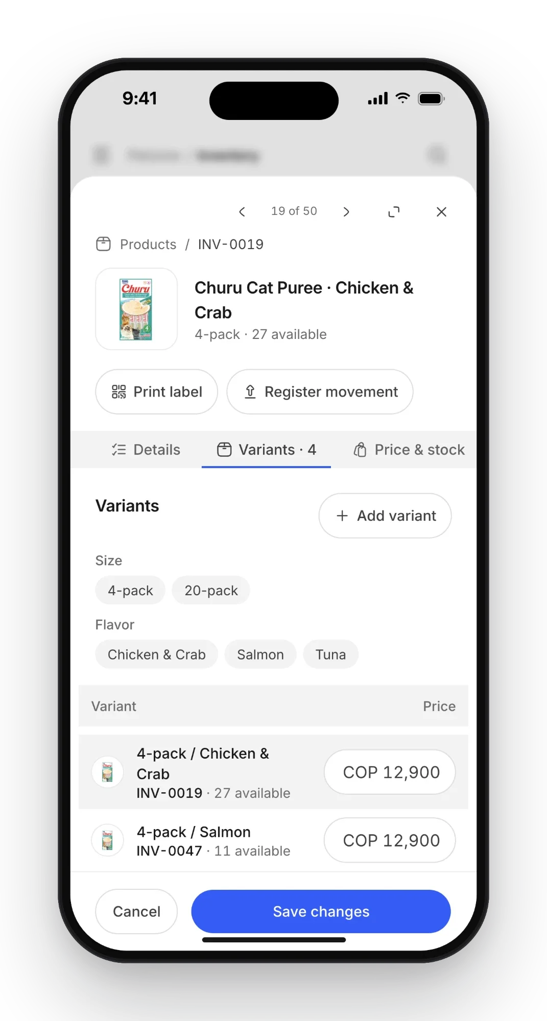 Petzone product record on a phone, open as a sheet on its variants tab: sizes, flavors and each variant's price